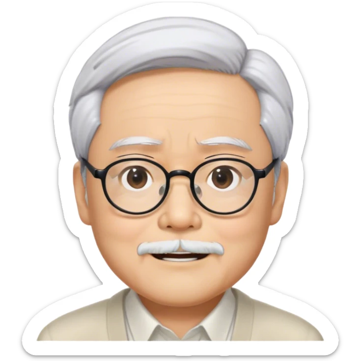 ​Cinematic Realistic Portrait of Hayao Miyazaki, depicted with defined black eyebrows, and large rectangular glasses, his happy expression rendered in lifelike detail, illuminated with soft, realistic lighting that emphasizes his creative genius, sticker