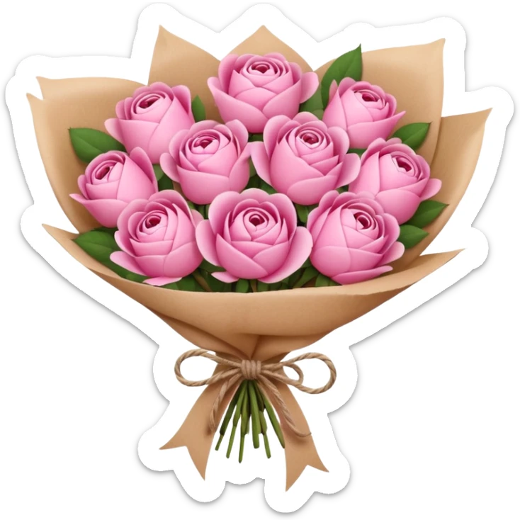 Bouquet of pink flower like rose and peony wrapped in kraft paper sticker