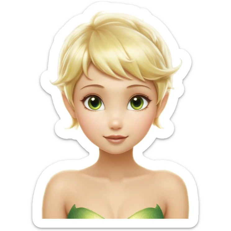 Cinematic Realistic Blonde Tinker Bell Fairy Portrait, depicted with lifelike, delicate skin glowing with a subtle radiant aura, soft natural lighting accentuating her gentle features, and intricately detailed golden blonde hair styled in a whimsical pixie cut. Her iridescent, translucent wings shimmer with delicate fairy dust, and her expressive, sparkling eyes reflect a world of magic. Adorned in a subtle blend of woodland greens and soft pastel accents, the portrait exudes an enchanting glow that seamlessly merges realism with fairy charm. sticker