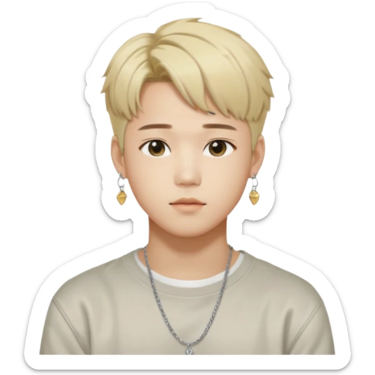 Illustrate a Korean male idol with blond dyed hair, earrings, casual streetwear & confident pose, inspired by Jimin of BTS. sticker
