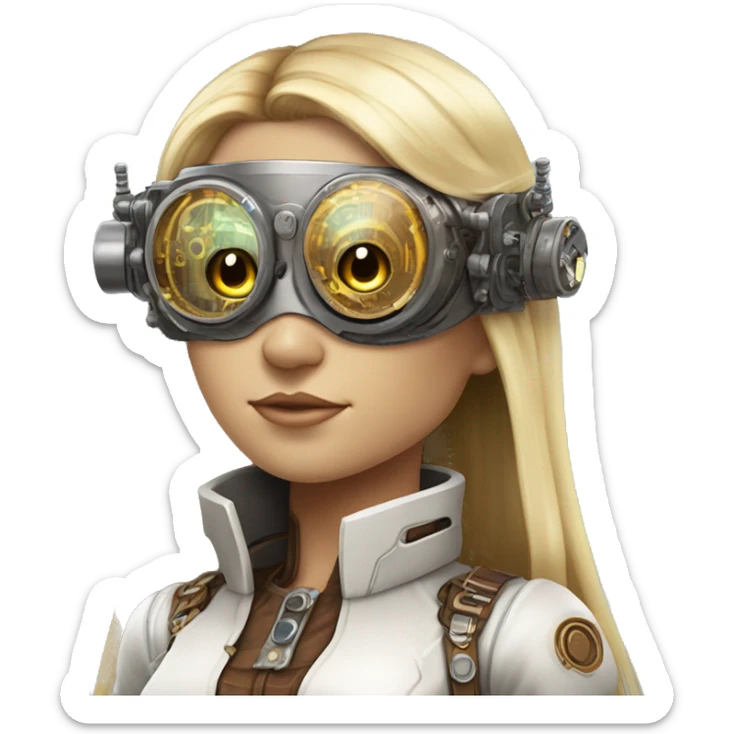 Brown long hair with blonde steaks female cyborg head, fair skin, steampunk goggles and circuits sticker