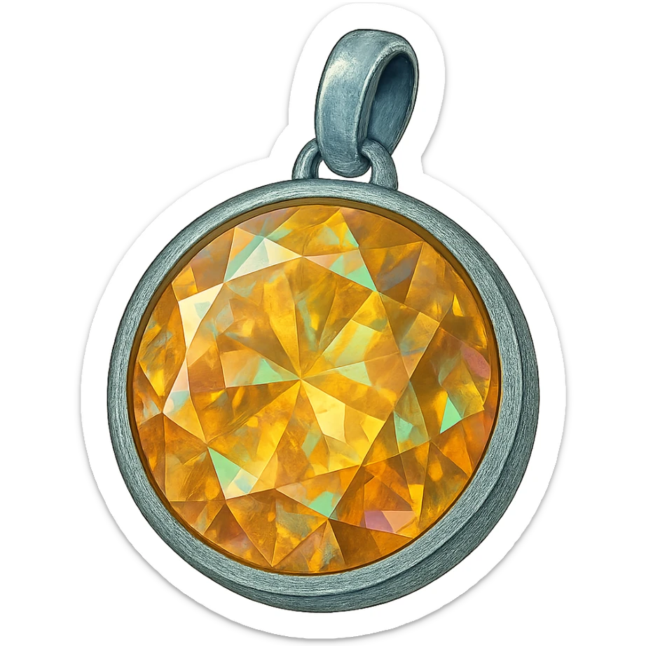 extreme close up of a round cut holographic amber charm with silver metal accent sticker