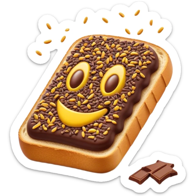 Cinematic Realistic Hagelslag Treat Emoji, depicted as crunchy chocolate sprinkles on buttered bread rendered with vivid textures and playful, inviting lighting. sticker