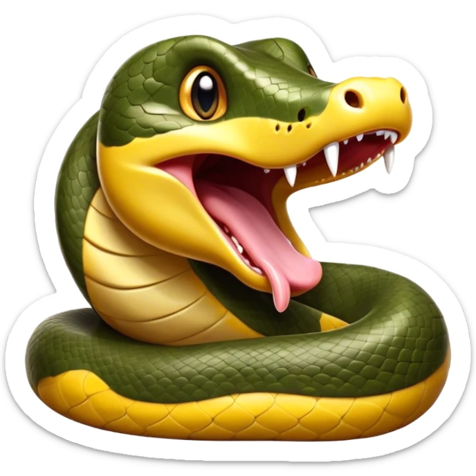 Cinematic Cute Yawning Anaconda Portrait Emoji, Head tilted slightly with a dramatic, wide-open yawn, showcasing a sinuous, scaled form with half-closed, drowsy eyes and an open, relaxed mouth, Simplified yet irresistibly adorable features, highly detailed, glowing with a soft, cozy jungle glow, high shine, relaxed yet expressive, stylized with a dash of whimsical reptilian charm, soft glowing outline, capturing the essence of a drowsy yet affectionate anaconda that appears ready to stretch out for a nap! sticker