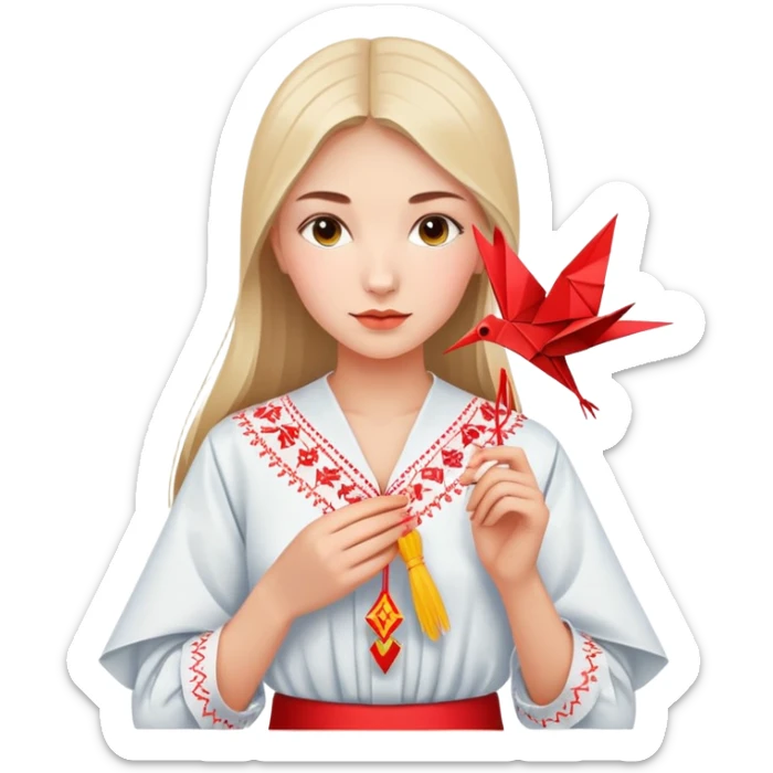 Ukrainian young girl in traditional embroidered vyshyvanka shirt holding a red origami paper crane sticker