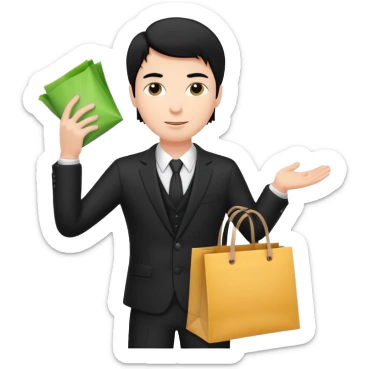 a white elegant man black hair in a black suit with clothing shopping bag sticker