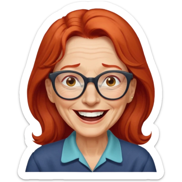 obese; older 50's ; long red hair ; women hazel eyes; glasses ; laughing sticker