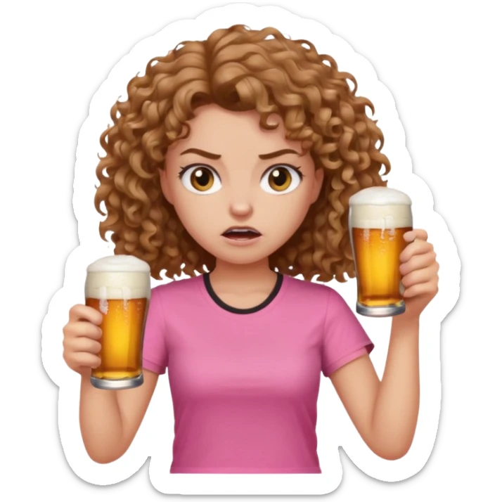 Girl with long light brown curly hair and pink t-shirt with beers on hand and angry face sticker