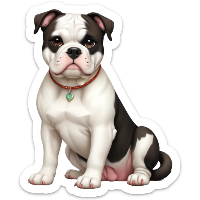 cinematic-[american bulldog]-realistic-full-body-sitting-emoji,-tail-resting-loosely-beside-its-paws,-head-tilted-dramatically,-sleek-[pied black]-fur,-simplified-yet-realistic-focused-features,-highly-detailed,-glowing-with-an-almost-sarcastic-glow sticker