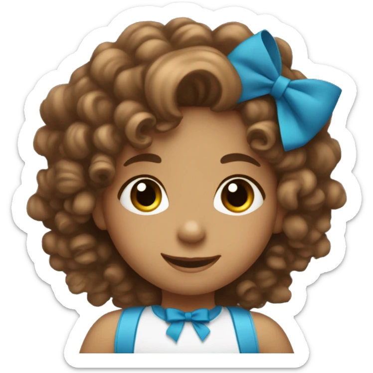 very cute little girl in a wheelchair, semi-smiling, with curly brown hair that has a little blue bow, and a tan complexion sticker