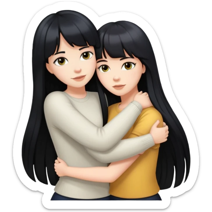 a white girl with black long hair and bangs hugging another white girl with long black hair sticker