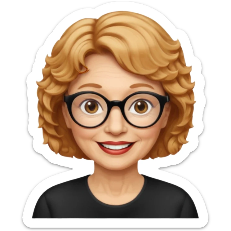 woman 70 years old, very short strawberry blonde weavy hair, brown eyes and round dark glasses smile sticker