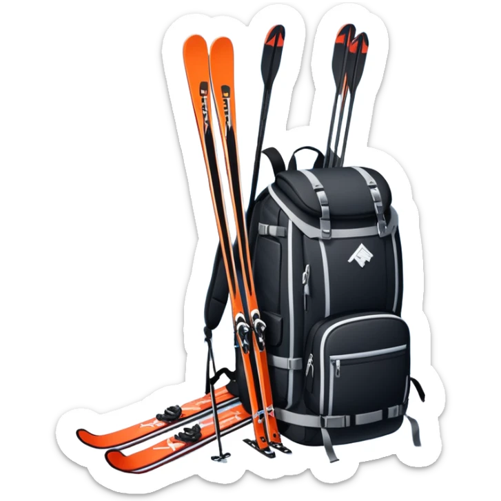 An icon showing a close-up of a biathlon backpack, a pair of skis, and a biathlon rifle resting against snow. In the background, a beautiful winter landscape with snowy trees and mountains under a clear sky. Transparent background reflects the sport’s precision and rugged endurance. sticker