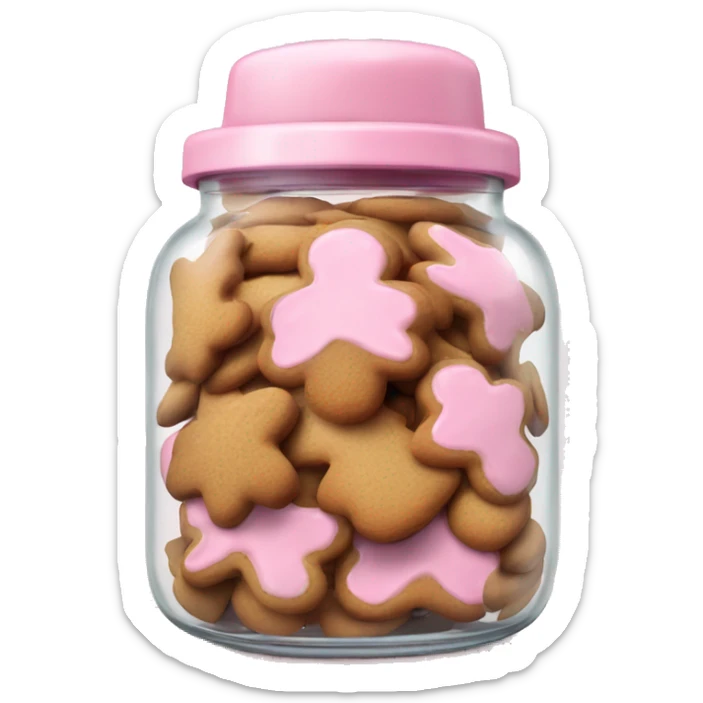 Realistic glass cookie jar with light pink lid full of gingerbread cookies isolated.  sticker
