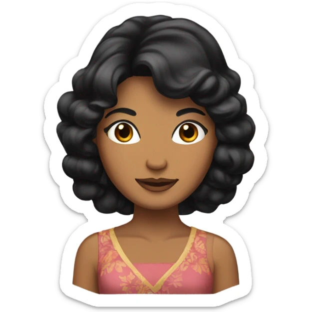 Tanned woman with black hair wearing 1970s style dress and hair sticker