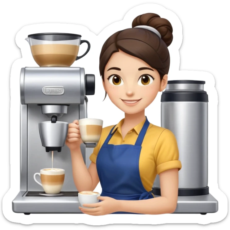 Cute brunette barista girl with hair in a bun wearing yellow shirt and dark blue apron, she's relaxed and making latte art, smiling at the coffee cup sticker