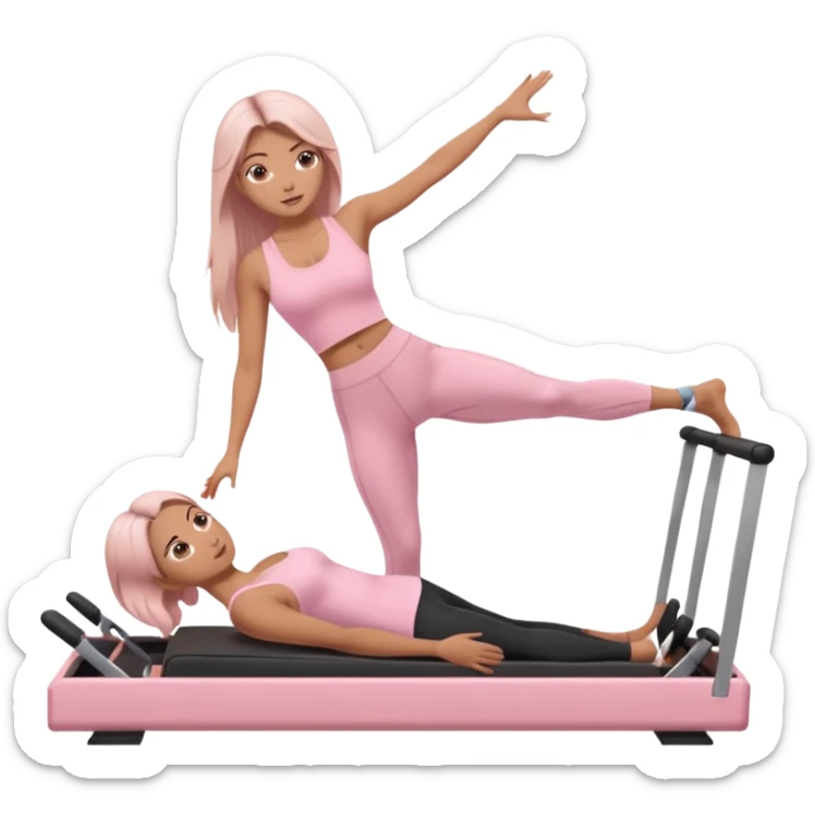 a girl doing reformer pilates, she is wearing a pastel pink fit and she has dark straight and loose hair.  sticker