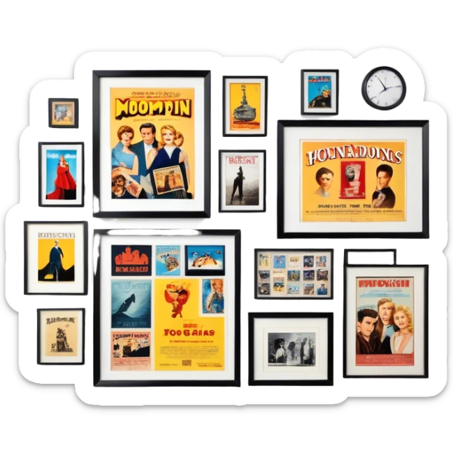 Icon for Photograph and Poster Collecting: a collection of photographs and movie posters, neatly displayed on a wall or in frames. The icon should evoke the nostalgia and artistic value of collecting rare images and posters. Transparent background. sticker