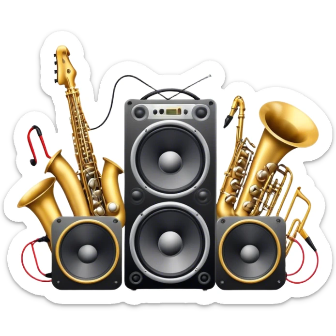 Icon for R&B Music Listening: large concert speakers and headphones with waves of musical notes coming out, along with drums, bass guitar and saxophone. The icon should convey the energetic and rhythmic vibe of R&B music. Transparent background sticker