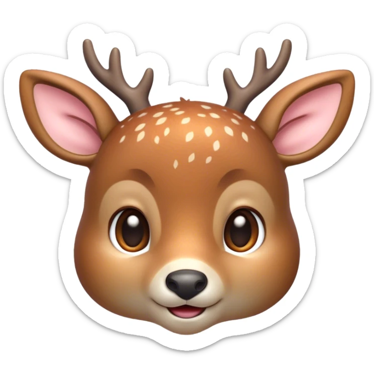 Cinematic Cute Deer Portrait Emoji, Head tilted playfully and inquisitively, showcasing a delicate Fur speckled with subtle white spots and gentle earth tones, round, sparkling eyes filled with curious wonder, Simplified yet irresistibly adorable features, highly detailed, glowing with a warm, friendly glow, high shine, affectionate and graceful, stylized with a touch of woodland whimsy, bright and endearing, soft glowing outline, capturing the essence of a mischievous yet loving fawn, so playful it feels like it could skip out of the screen into your arms! sticker