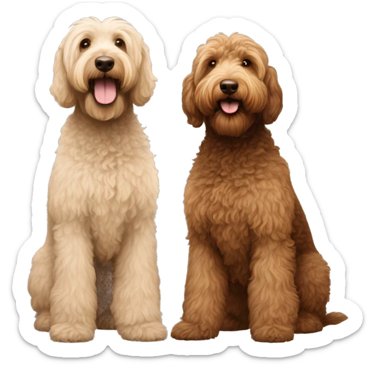 1 tan color and 1 dark brown color labradoodles standing next to each other  sticker