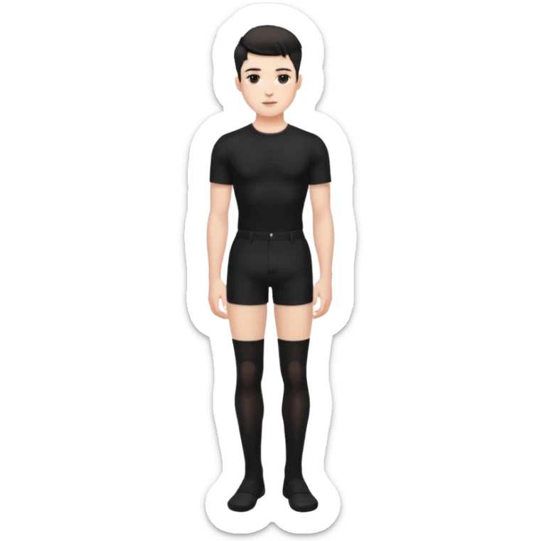 Male in his 20s, clean shaven, feminine look, wearing black thigh highs, black crops, black feminine shorts, is a femboy.   sticker