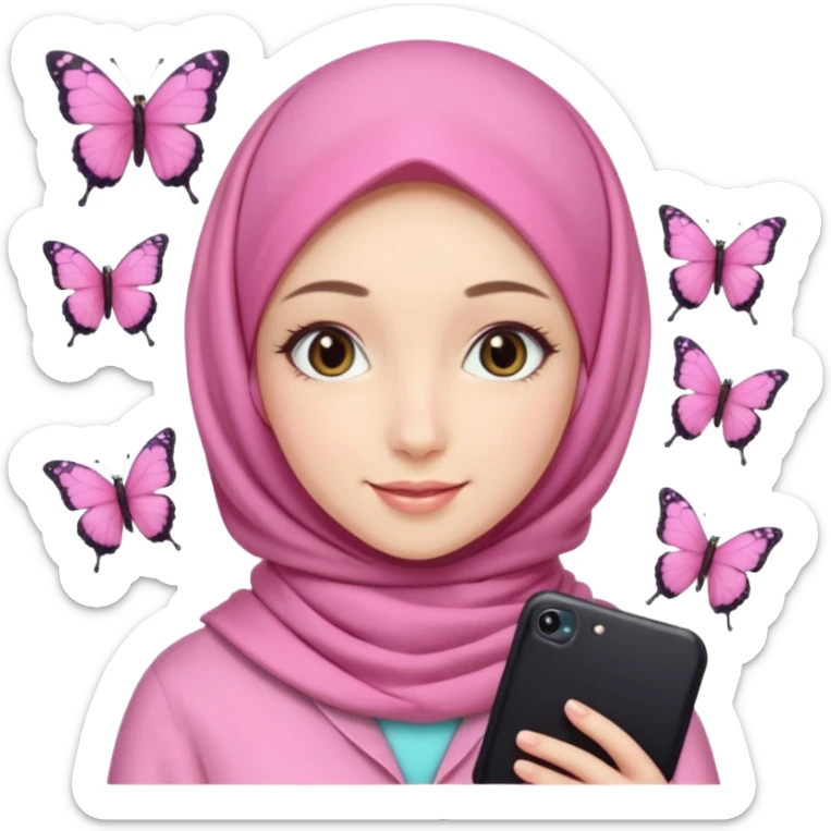 apple style emoji of an ASMR content creator girl, pink hijab with butterfly hairclips on left and right, gentle smile, surrounded by ASMR props sticker