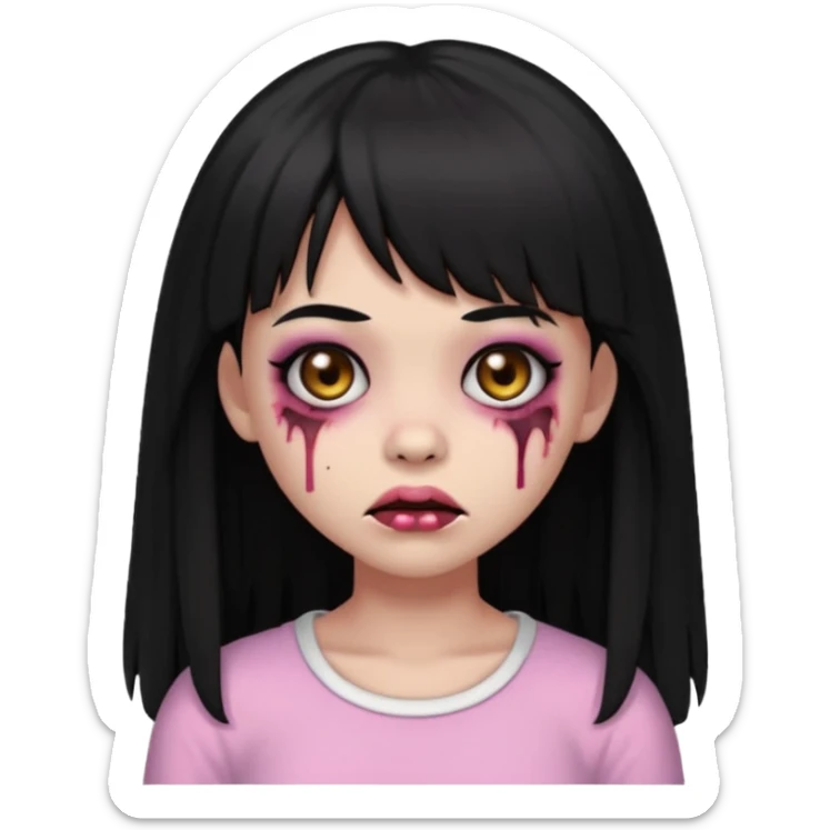 light-skinned Black zombie girl emoji, black eyes, long black hair with bangs, light pink blouse, scar on cheek sticker