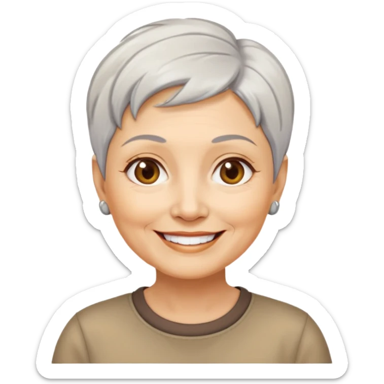 Bà lão 60 tuổi, da vàng, mặt tròn, tóc ngắn màu bạc, mặt cười tươi vui vẻ, áo nâu sticker