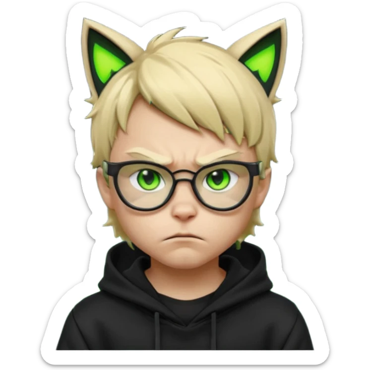 A blond hacker boy with black glasses and a black hoodie with neon green cat ears, cyberpunk style, angry expression, intense glowing green eyes, dark dramatic lighting sticker