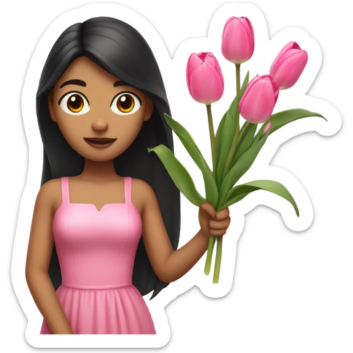 Long black hair Girl with bans holding a branch of tulip,wearing pink dress sticker