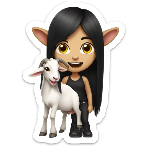 A girl with dark long hair shows her tongue and shows a rocker goat sticker