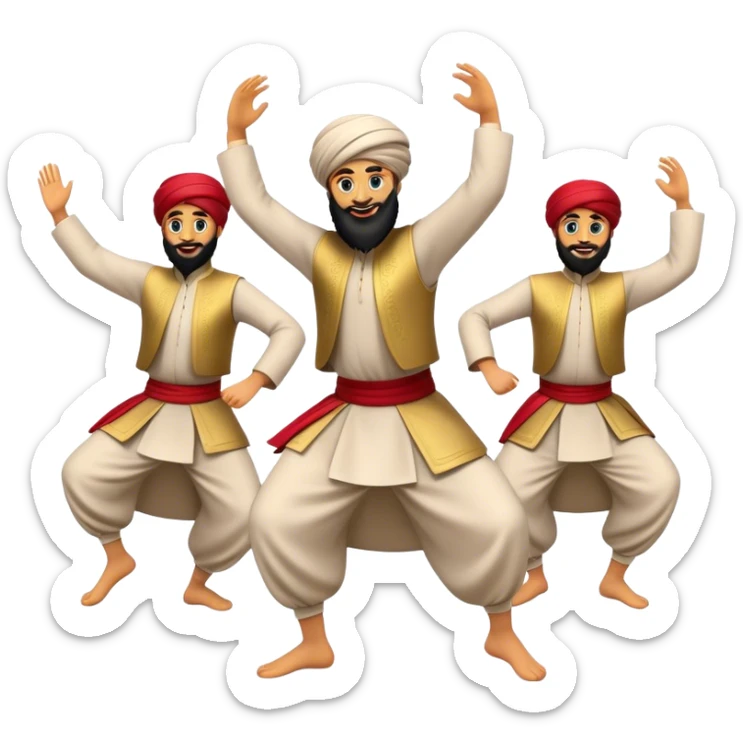 Cinematic Realistic Dabke Dance Emoji, depicted as an energetic traditional Lebanese folk dance with vibrant costumes and rhythmic movements, rendered with dynamic textures and festive natural lighting that captures its communal joy. sticker