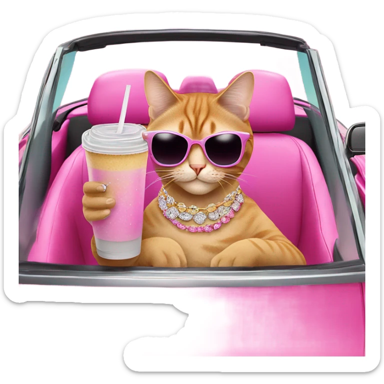Cat with iced out jewelry and glittery sunglasses sipping on an iced coffee in a pink convertible sticker