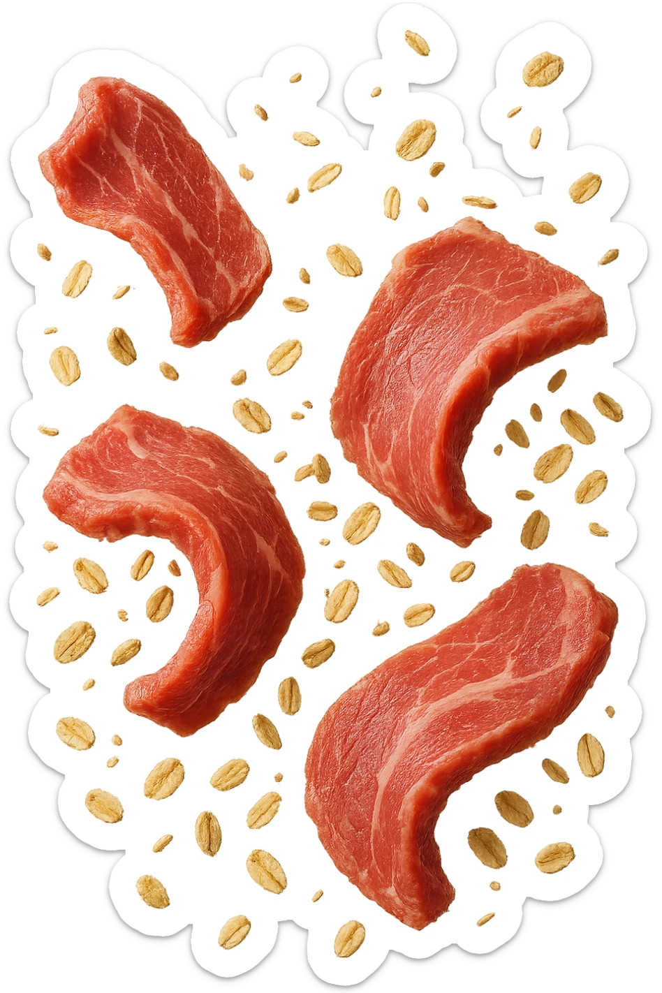 FETTINE DI CARNE FLUTTUANO IN ARIA INSIEME A FIOCCHI DI AVENA, IPERREALISTICO 4K sticker