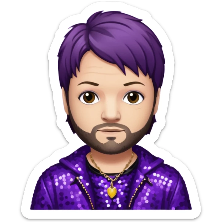 Bam Margera from Jackass with dark brown hair, dark purple sequin outfit sticker