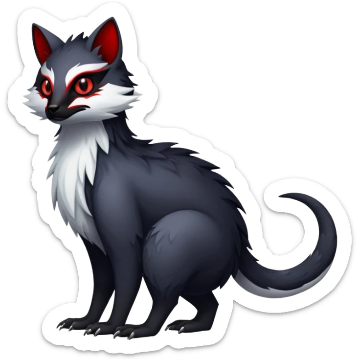 a white exotic edgy vernid-fionbr-Fakémon-creature, with black belly and red eyes, full body sticker