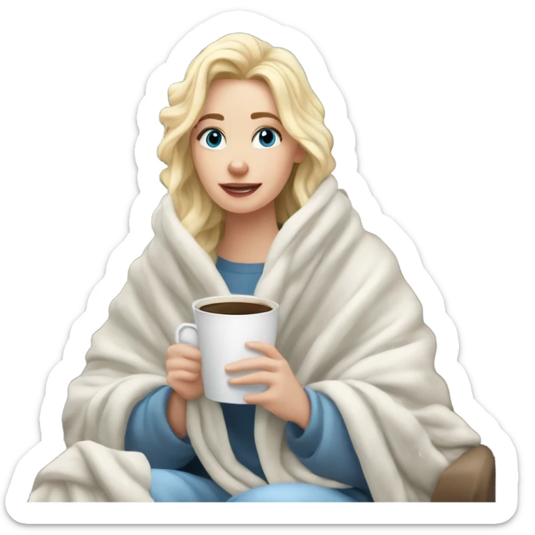 Blonde hair blue eyed white girl covered in blanket winter vibe sitting on a cozy chair holding coffee looking out a snowy window sticker