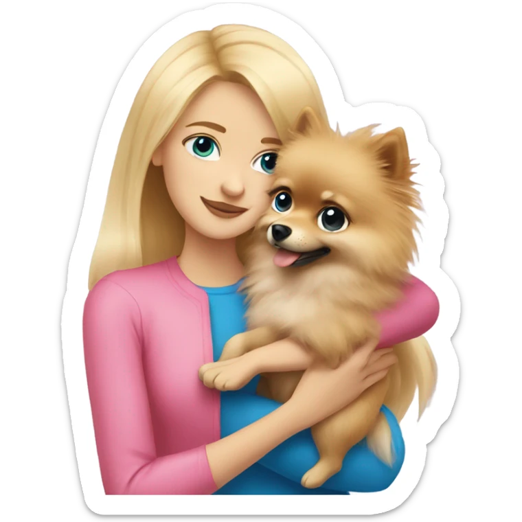 Blonde girl wearing pink with blue eyes hugging Pomeranian  sticker