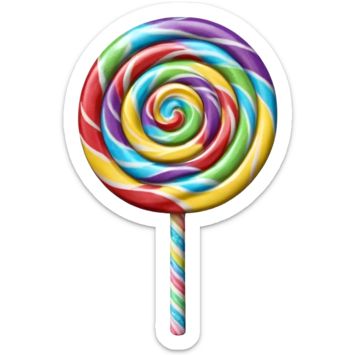3D render of Lollipop Tree, made entirely of dessert materials, glistening sugar crystal texture, swirled rainbow hard candy top on a white stick, delicious confectionery aesthetic, Apple emoji style, isolated on white background --v 6.0. sticker