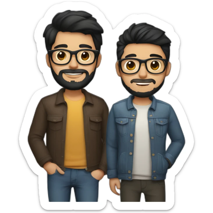 Gay couple of a 32 years old Colombian man with beard and glasses, black hair and brown holding hand with a Vietnamese man, 21 years old, no beard, with glasses sticker