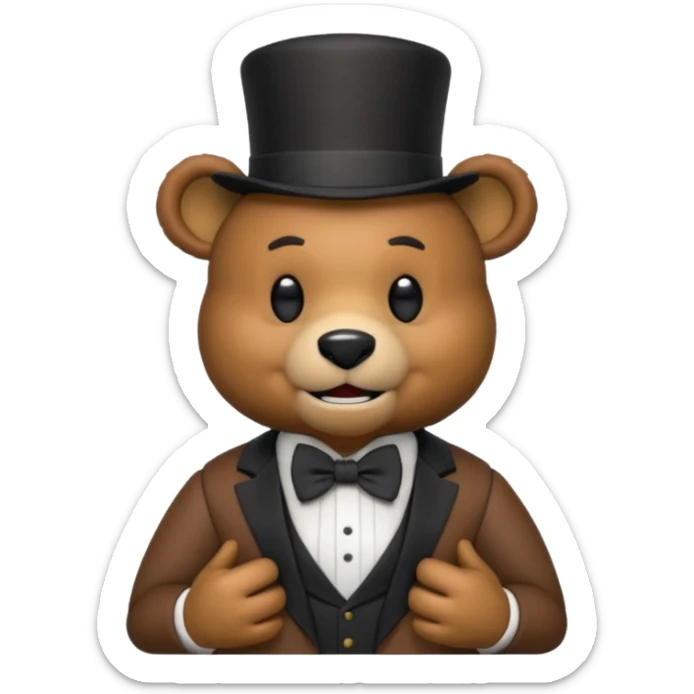 Freddy Fazbear as an emoji, standing, brown bear animatronic, black top hat, bow tie, minimal background, friendly expression sticker
