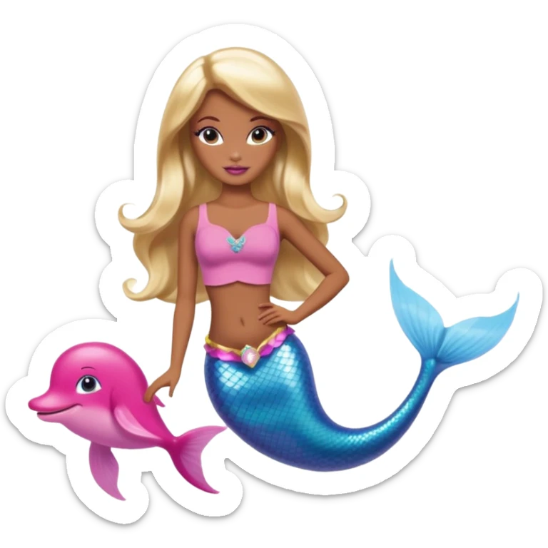 Brown skin blonde hair barbie mermaid with pink dolphin  sticker
