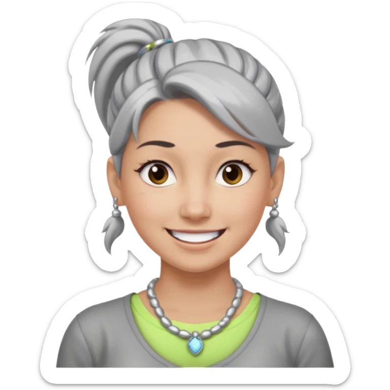 Female with big Silver Necklace, grey skin,ponytail hair, more bright silver,highlight necklace, different expressions. sticker