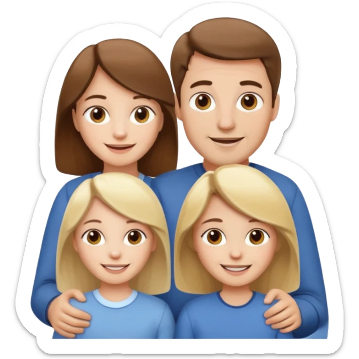 happy pale white  four person family with one brown hair dad, one brown hair mom, one blonde girl, and one brown hair girl sticker