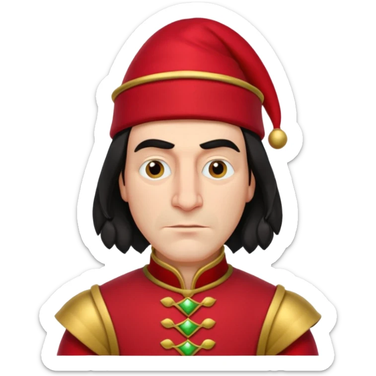 lord farquad avec un chapeau rouge plat sur le dessus, il a un vêtement rouge avec des manches bouffantes rouge et dorée sticker
