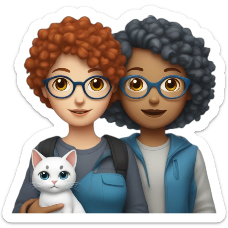 a girl with red curly hair and blue glasses with a white and gray cat in her arms sticker