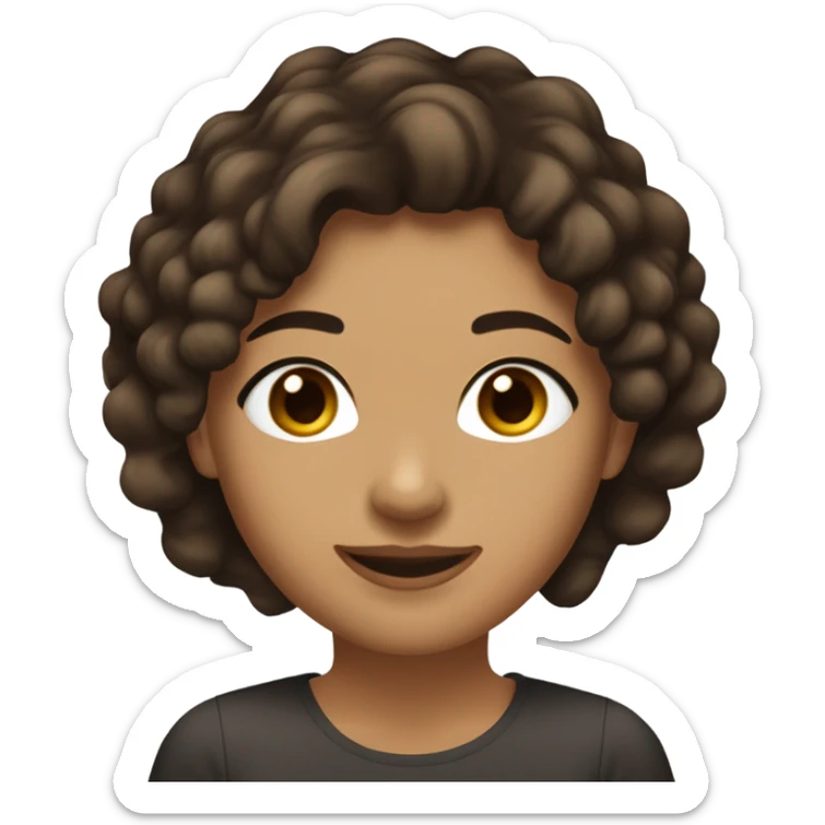 Fille de 23 ans brune de peau et des cheveux marrons chocolat les yeux aussi marron foncé qui sourit avec cheveux longs visage pas tres rond, yeux amandes et porte un truc noir couvert comme un col roulé  sticker