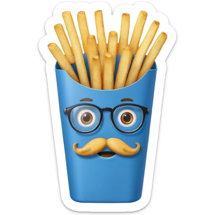 long slim crispy fries in a blue carton, carton has eyes and mustache and glassess sticker