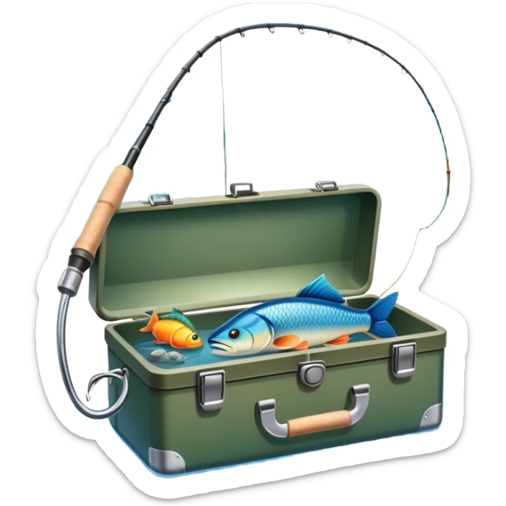 Icon for Fishing: a fishing rod with a line in the water, a tackle box, a fish on the hook, and a peaceful lake or river background. The icon should capture the calm and skill of fishing. Transparent background. sticker